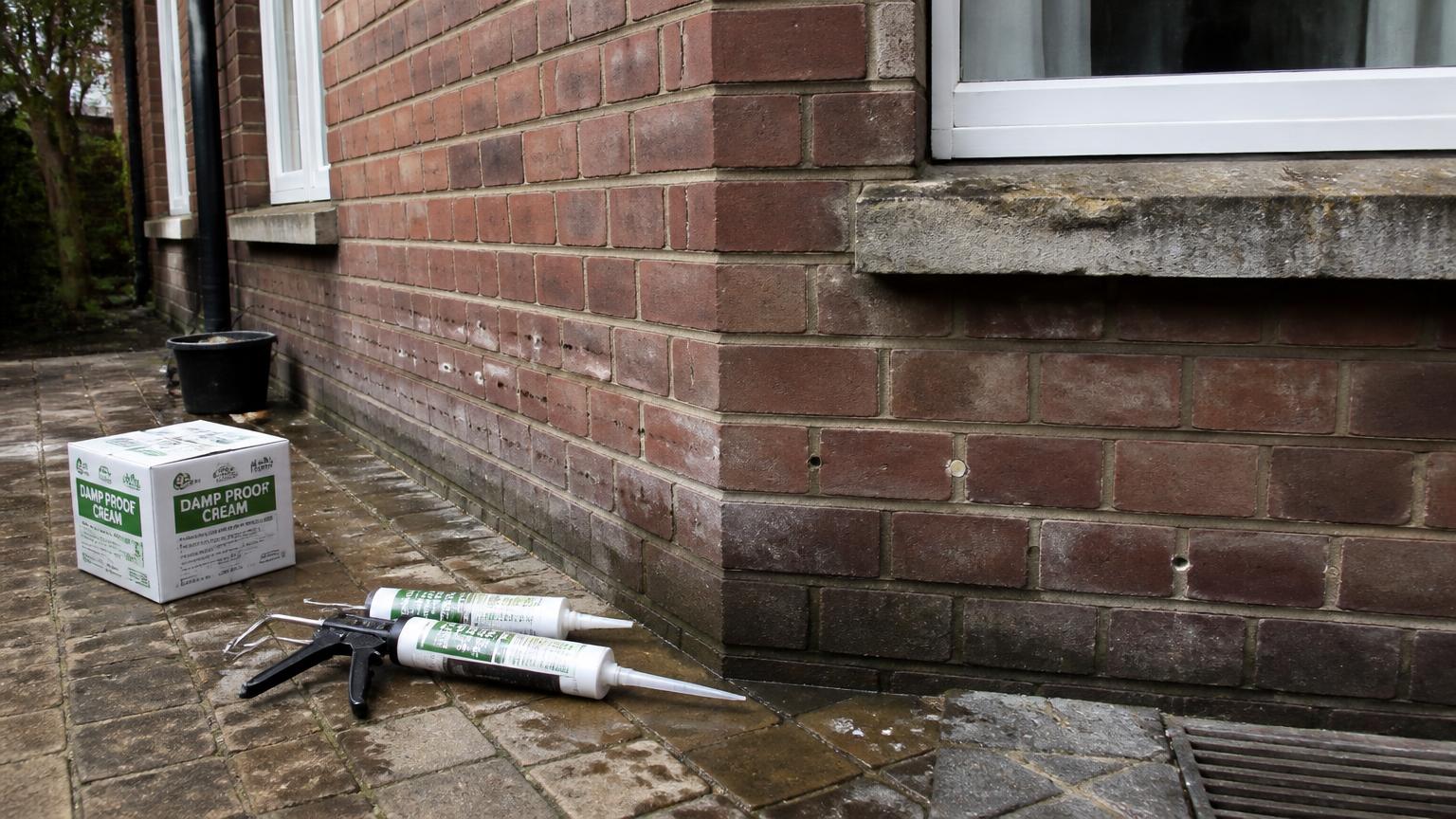 Damp proof course injection holes drilled along the mortar bed of a damp brick wall